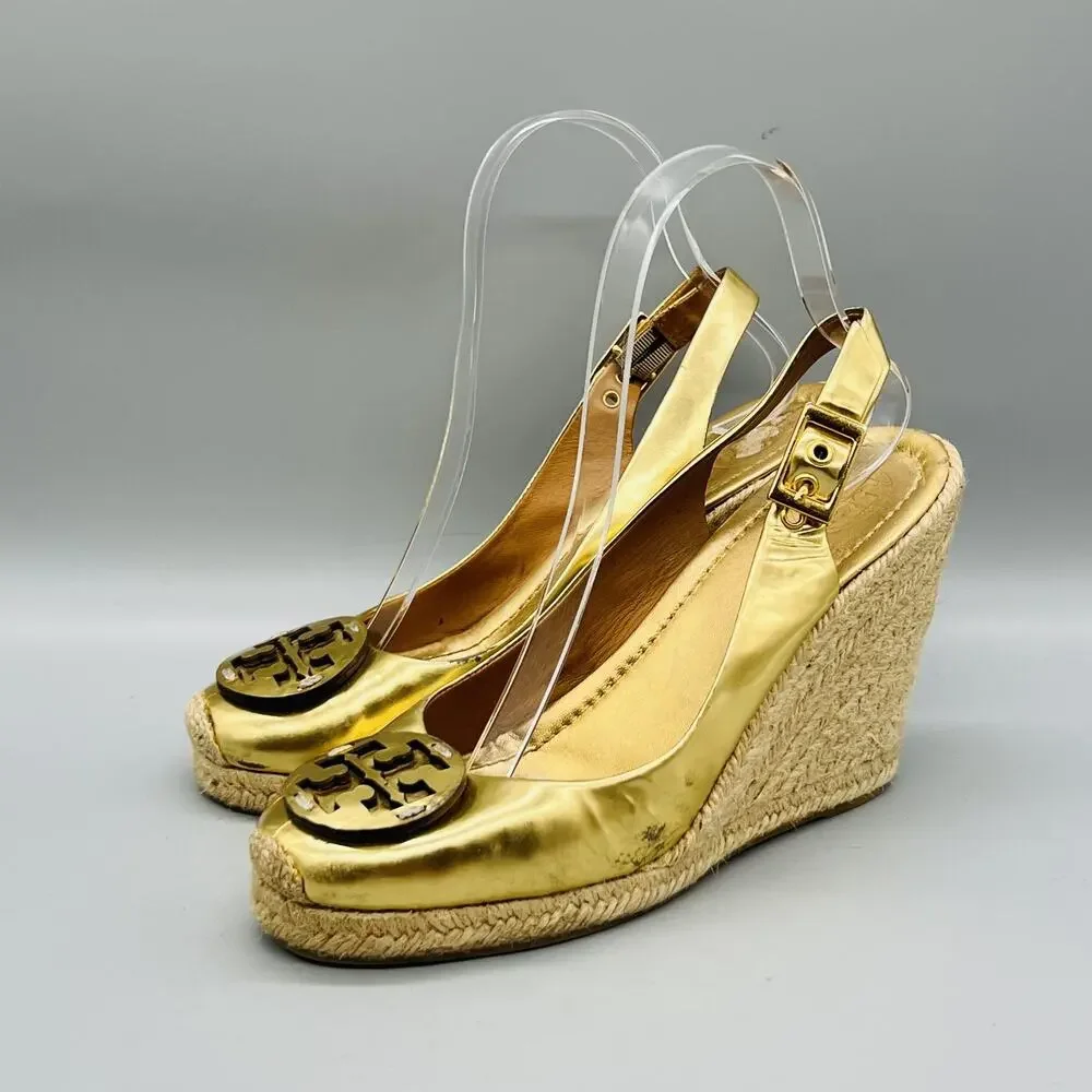 Tory Burch Shoes Womens 7 Gold Leather Slingback Espadrille Wedge Heels Logo
